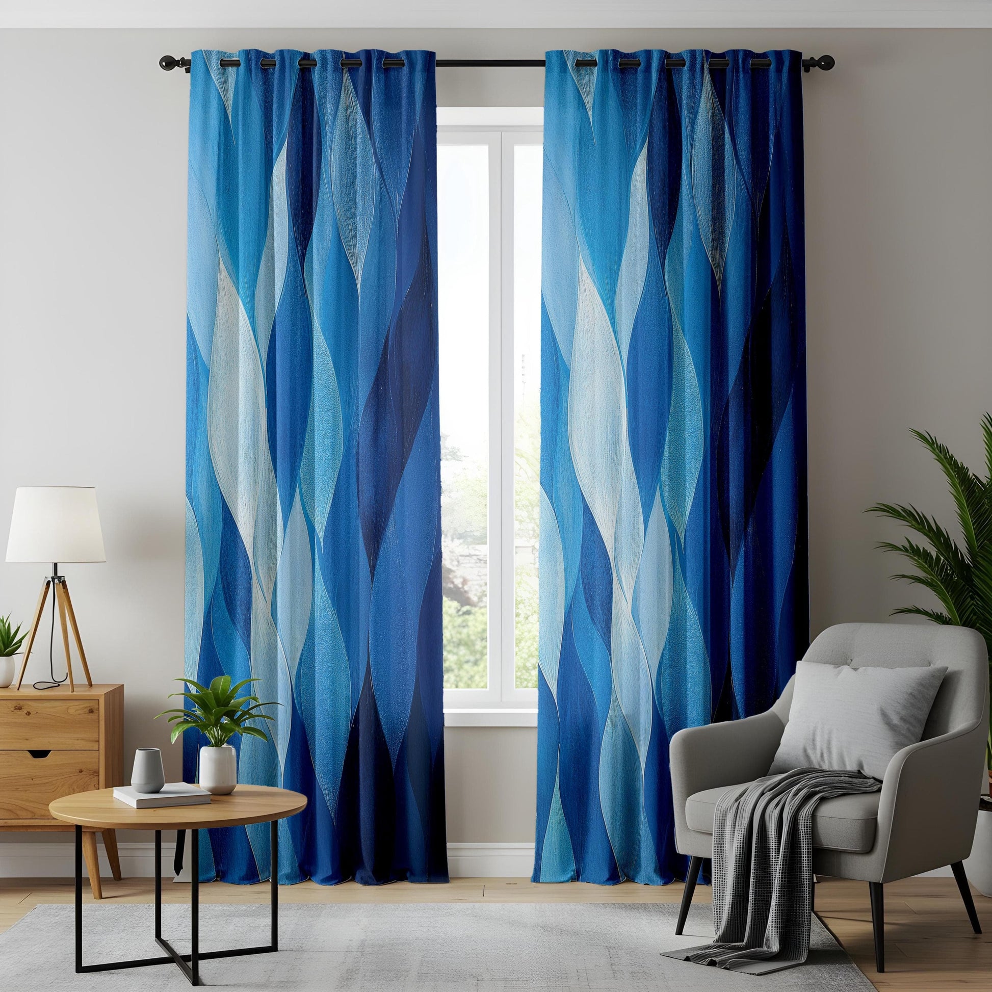Onay Blue Abstract Wave Curtains, Artistic Water Droplet Window Drape