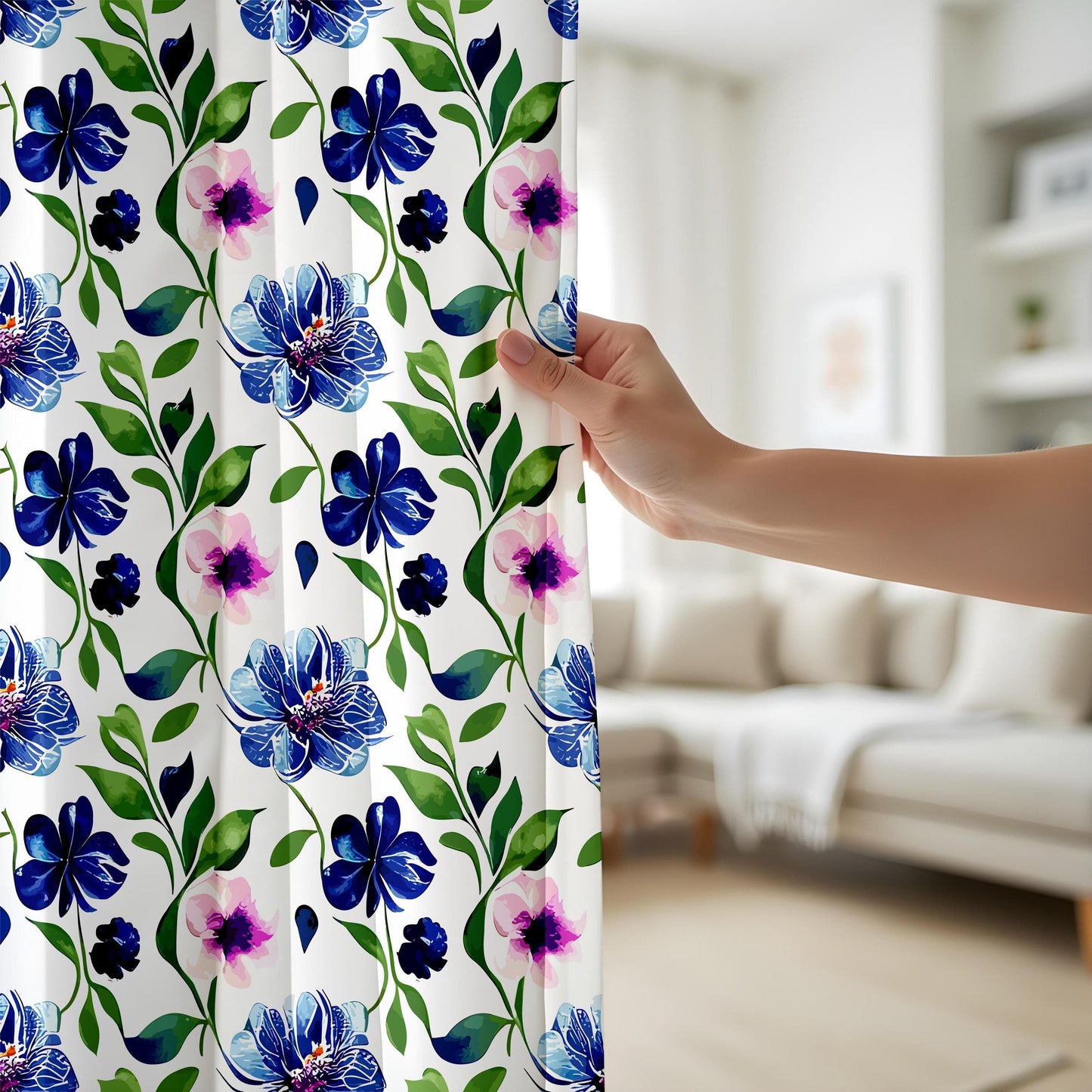 Onay Blue Floral Curtains – Botanical Garden-Inspired Drapes with Pink and Blue Flower Design