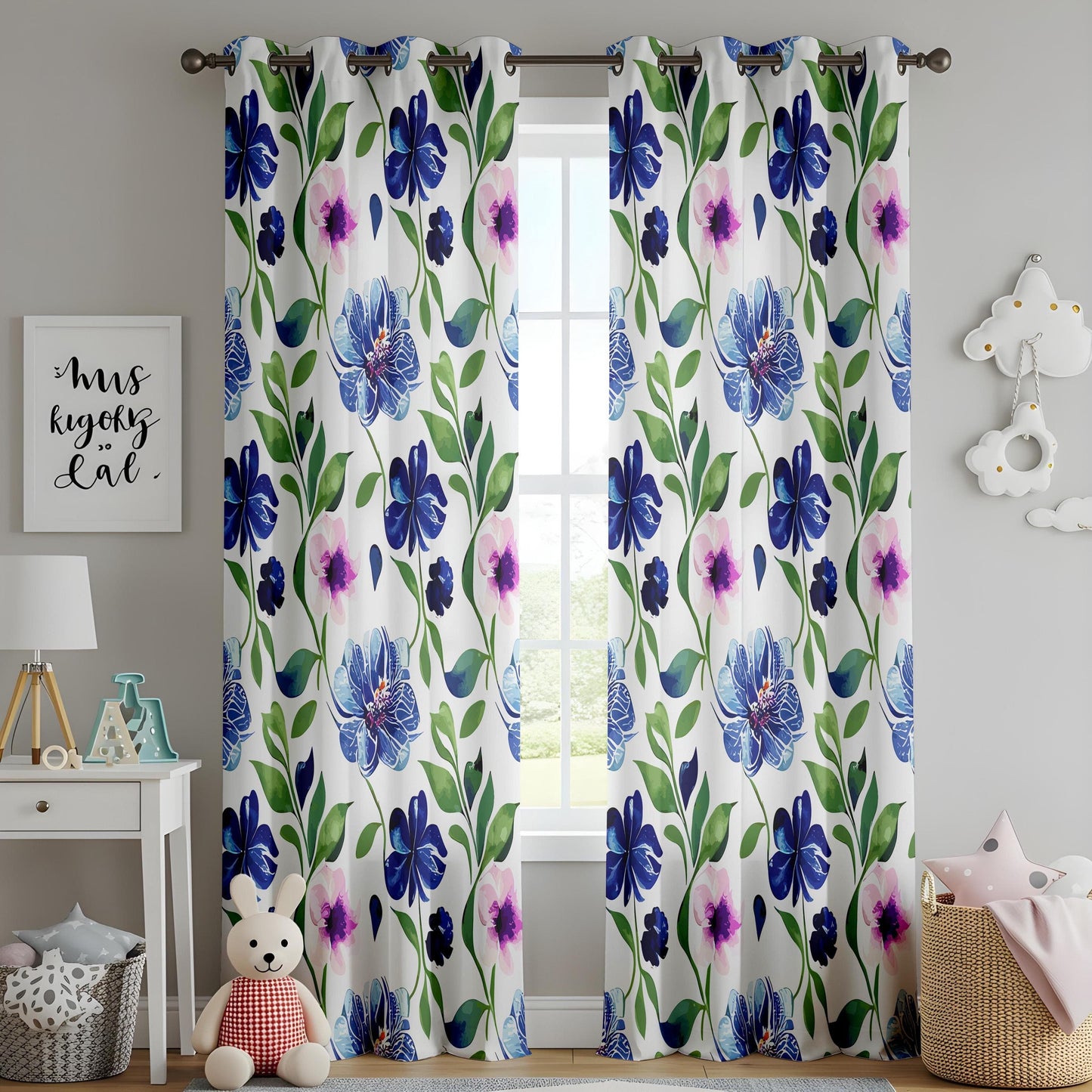 Onay Blue Floral Curtains – Botanical Garden-Inspired Drapes with Pink and Blue Flower Design