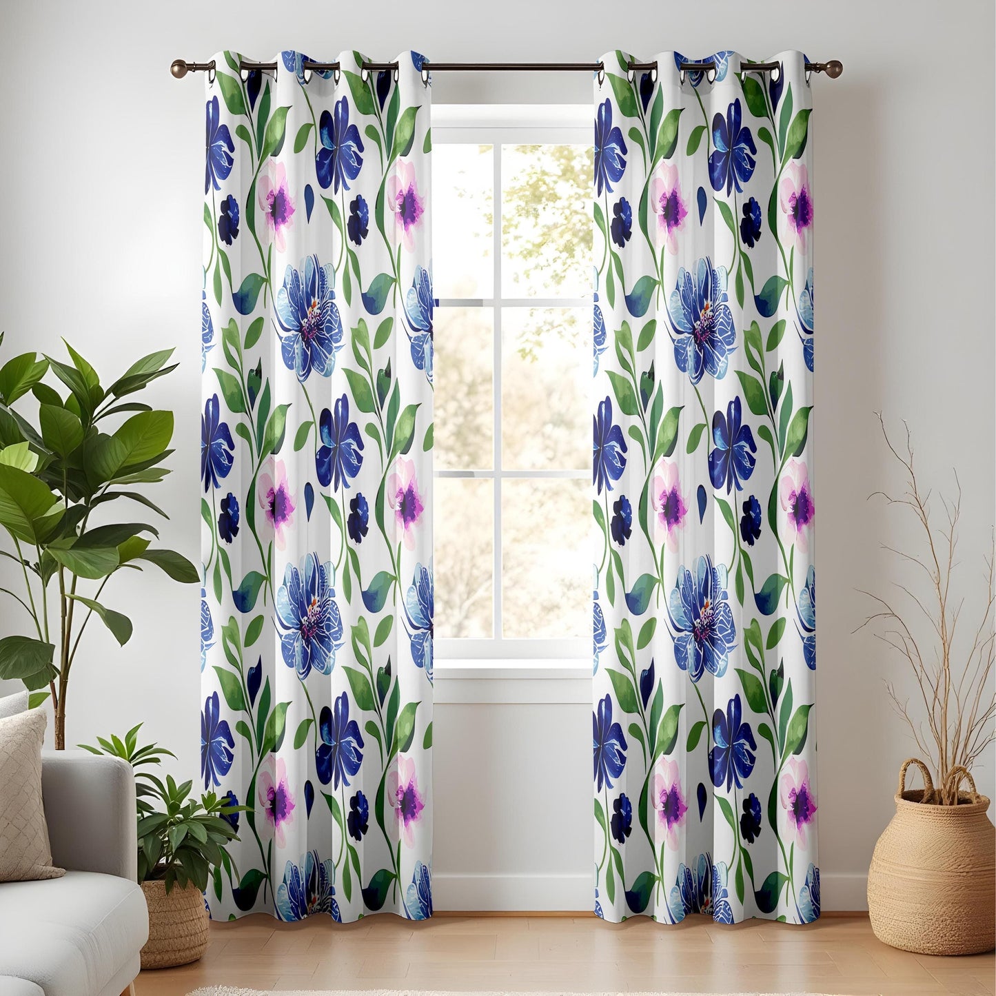 Onay Blue Floral Curtains – Botanical Garden-Inspired Drapes with Pink and Blue Flower Design