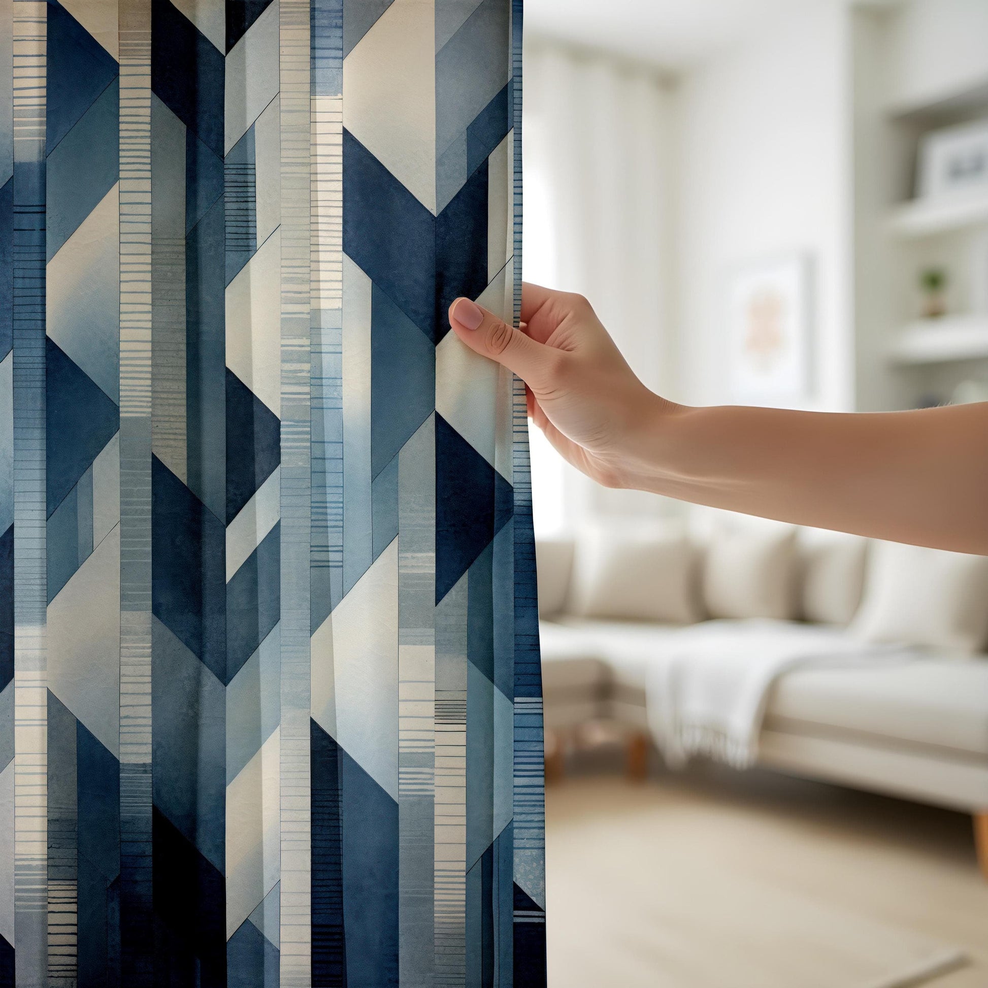Onay Blue Geometric Chevron Window Curtains, Modern Minimalist Drapes
