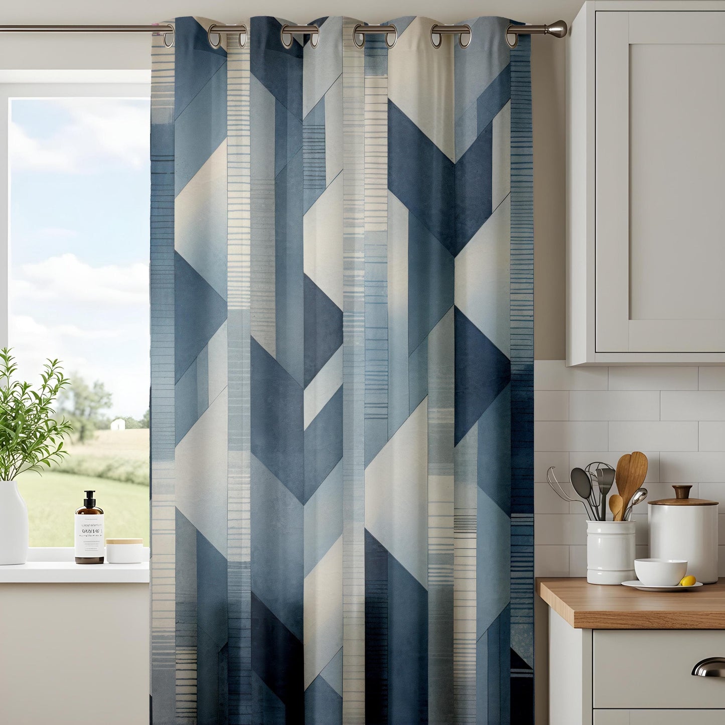 Onay Blue Geometric Chevron Window Curtains, Modern Minimalist Drapes
