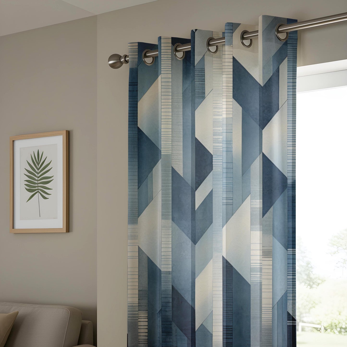 Onay Blue Geometric Chevron Window Curtains, Modern Minimalist Drapes