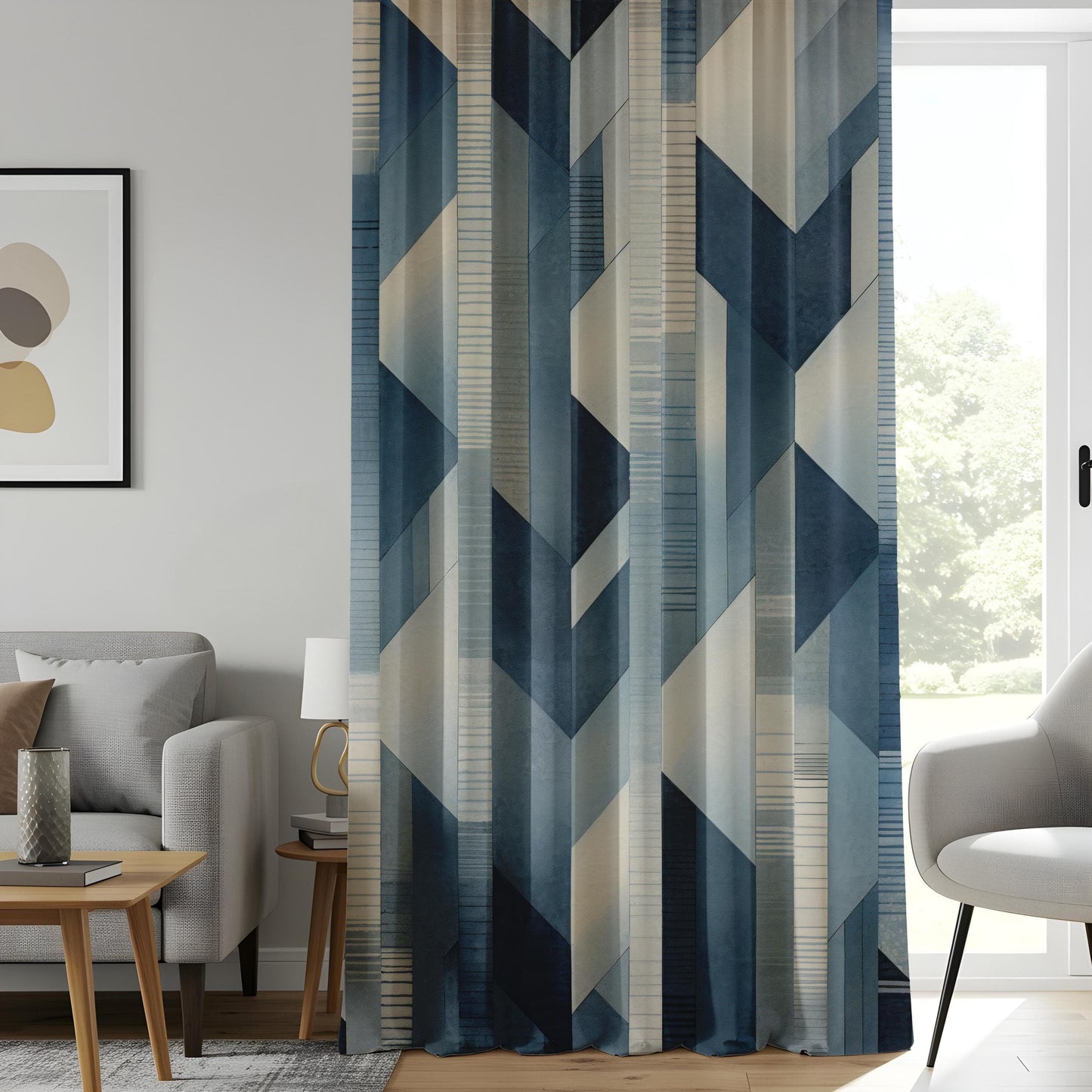 Onay Blue Geometric Chevron Window Curtains, Modern Minimalist Drapes