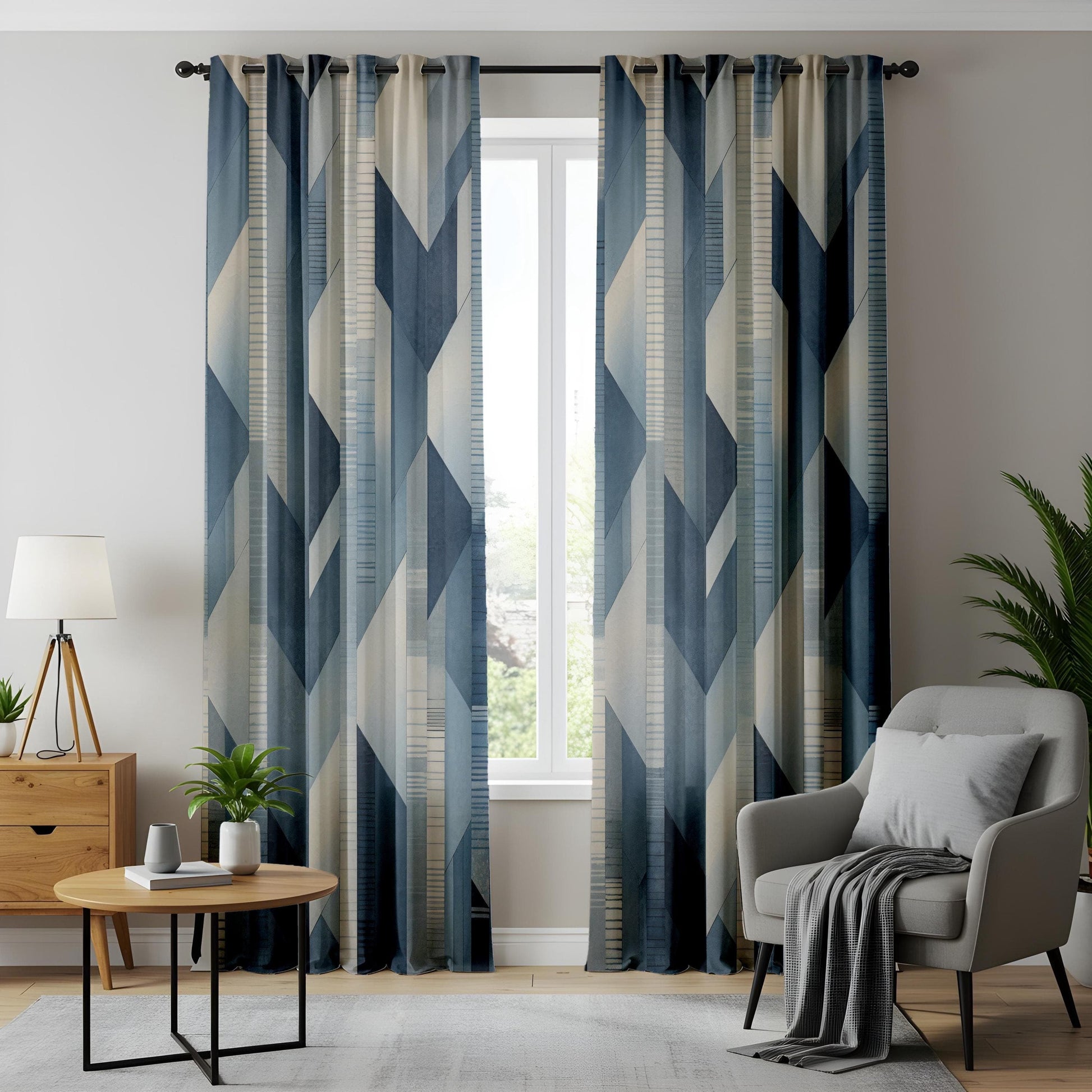 Onay Blue Geometric Chevron Window Curtains, Modern Minimalist Drapes