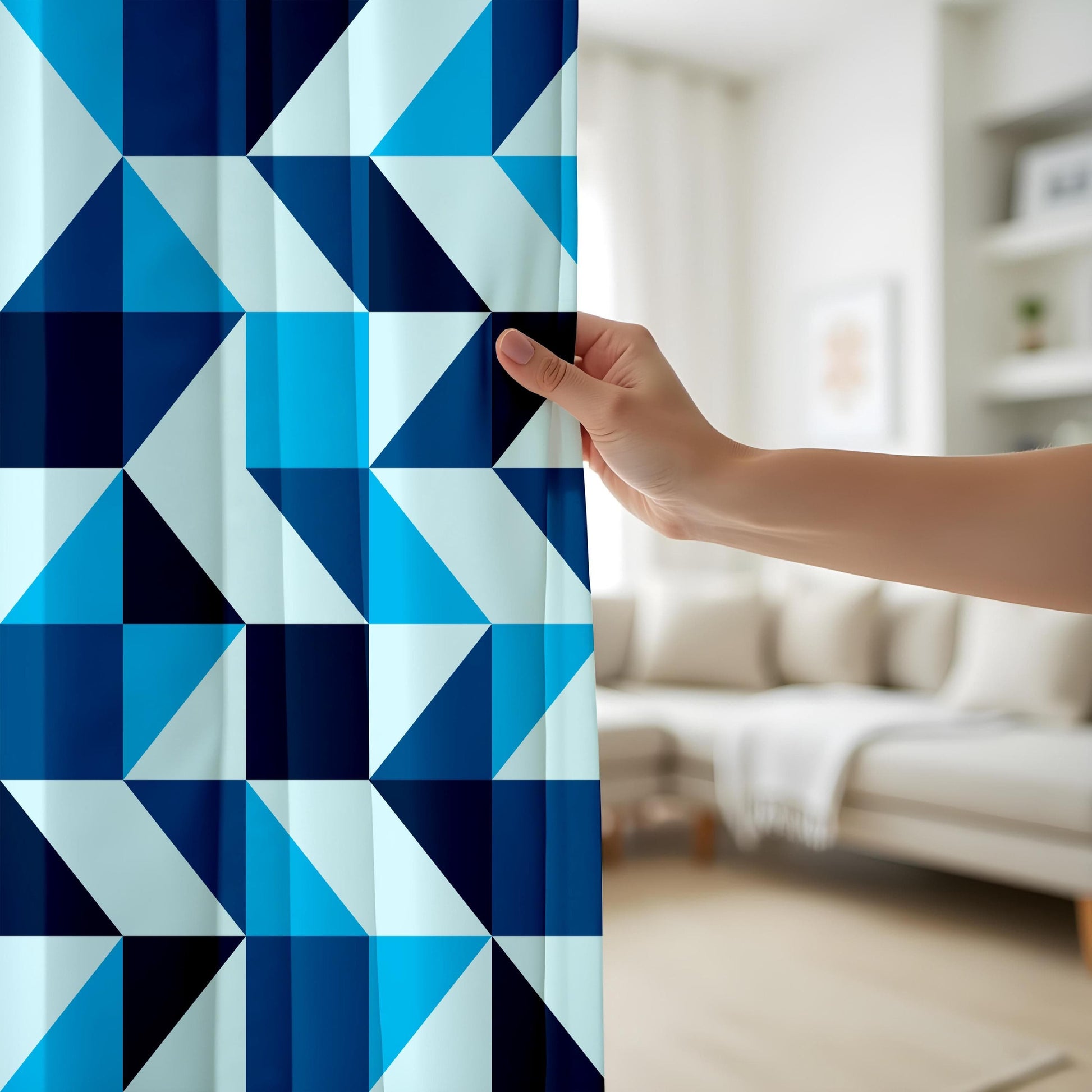 Onay Blue Geometric Curtains – Bold Triangle Pattern Drapes for Living Room
