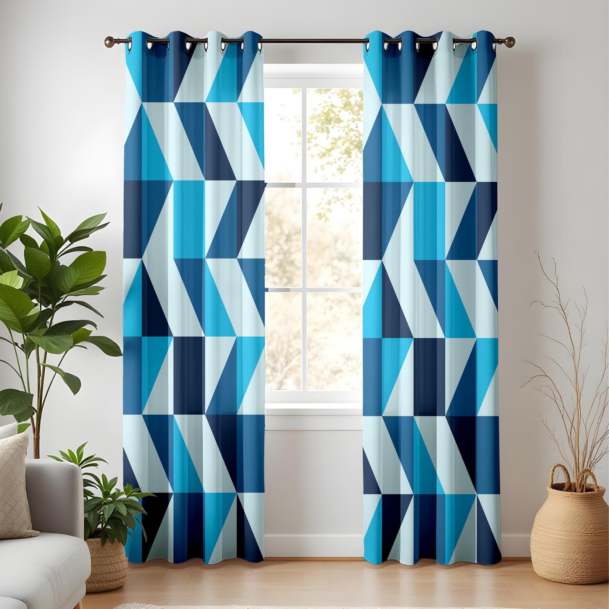 Onay Blue Geometric Curtains – Bold Triangle Pattern Drapes for Living Room