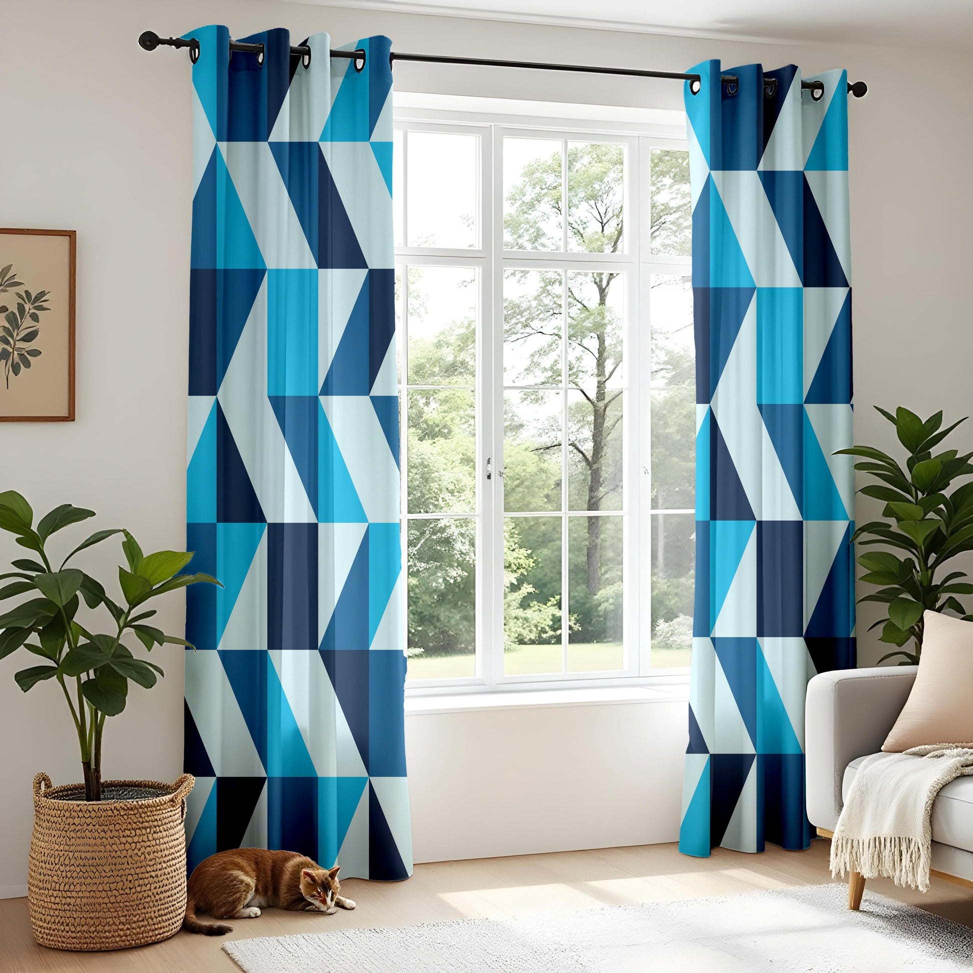 Onay Blue Geometric Curtains – Bold Triangle Pattern Drapes for Living Room