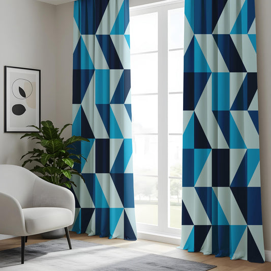 Onay Blue Geometric Curtains – Bold Triangle Pattern Drapes for Living Room