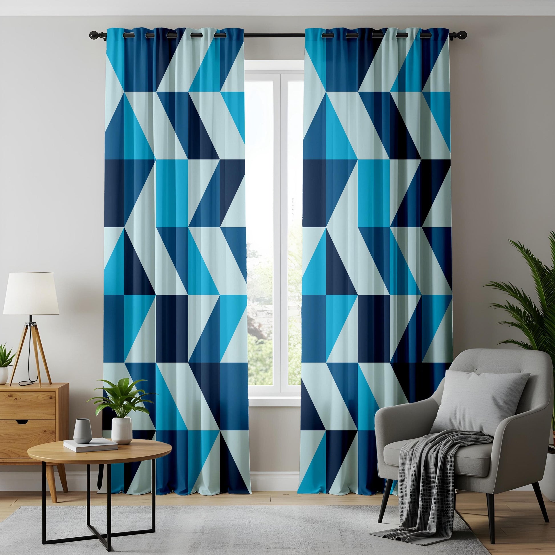 Onay Blue Geometric Curtains – Bold Triangle Pattern Drapes for Living Room