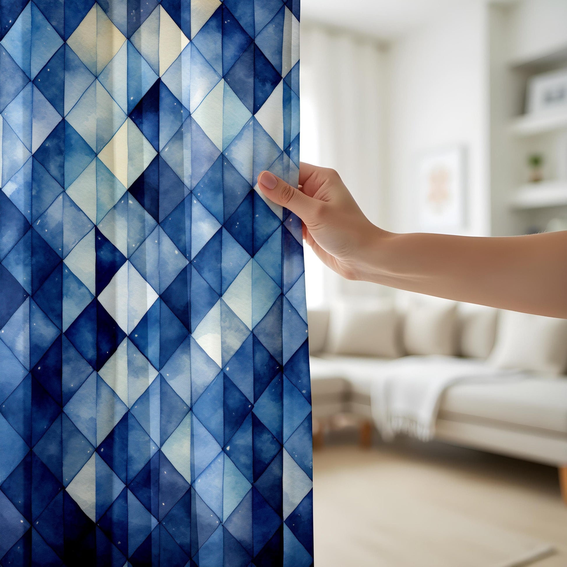 Onay Blue Geometric Curtains for Living Room, Contemporary Blue Patterned Drapes