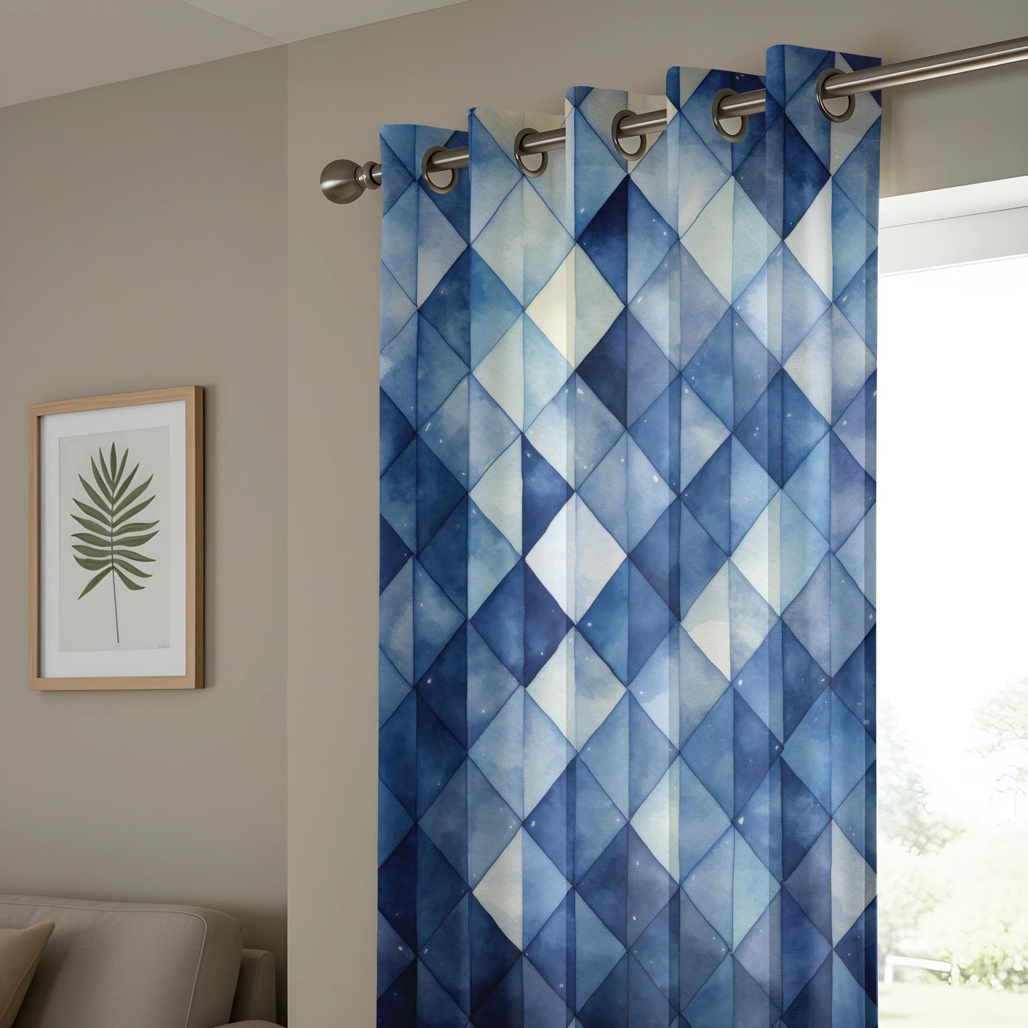 Onay Blue Geometric Curtains for Living Room, Contemporary Blue Patterned Drapes