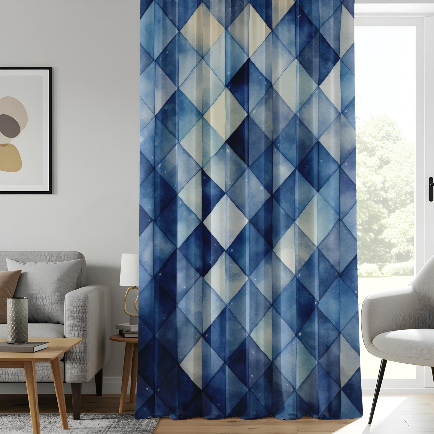 Onay Blue Geometric Curtains for Living Room, Contemporary Blue Patterned Drapes