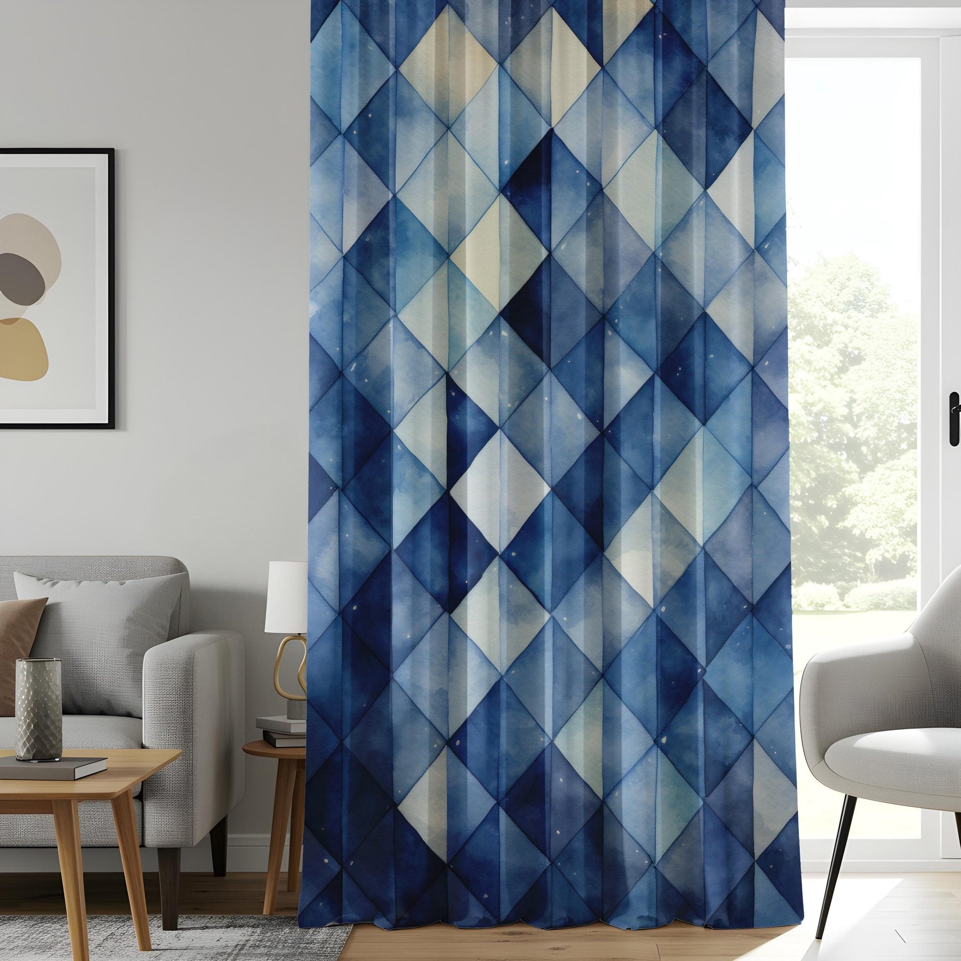 Onay Blue Geometric Curtains for Living Room, Contemporary Blue Patterned Drapes