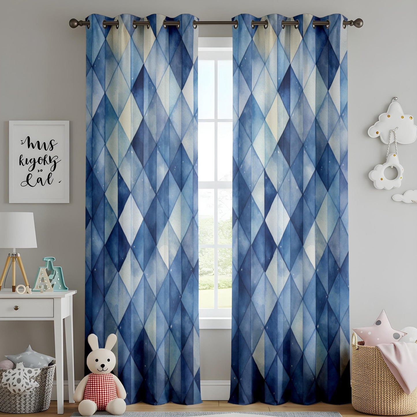 Onay Blue Geometric Curtains for Living Room, Contemporary Blue Patterned Drapes