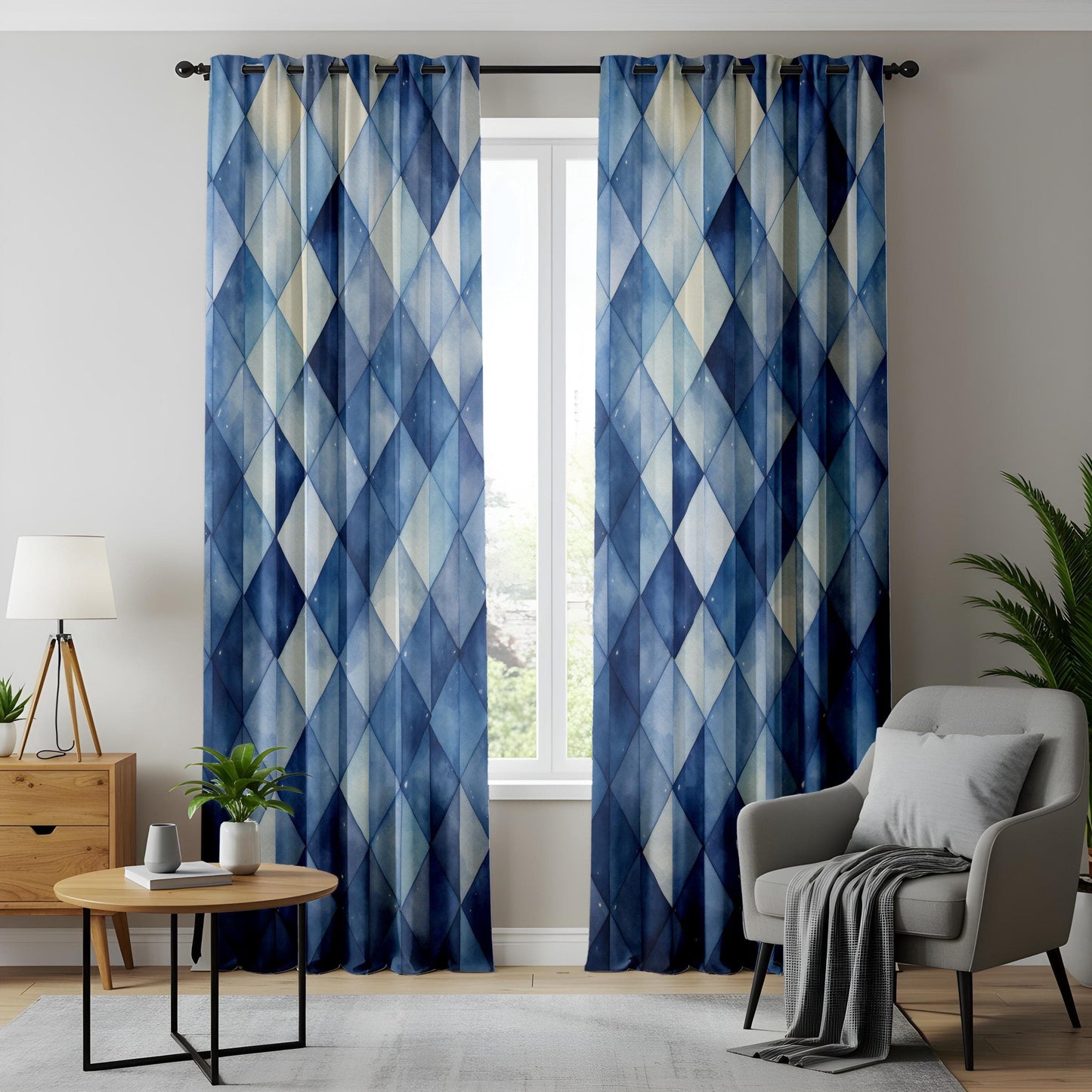 Onay Blue Geometric Curtains for Living Room, Contemporary Blue Patterned Drapes