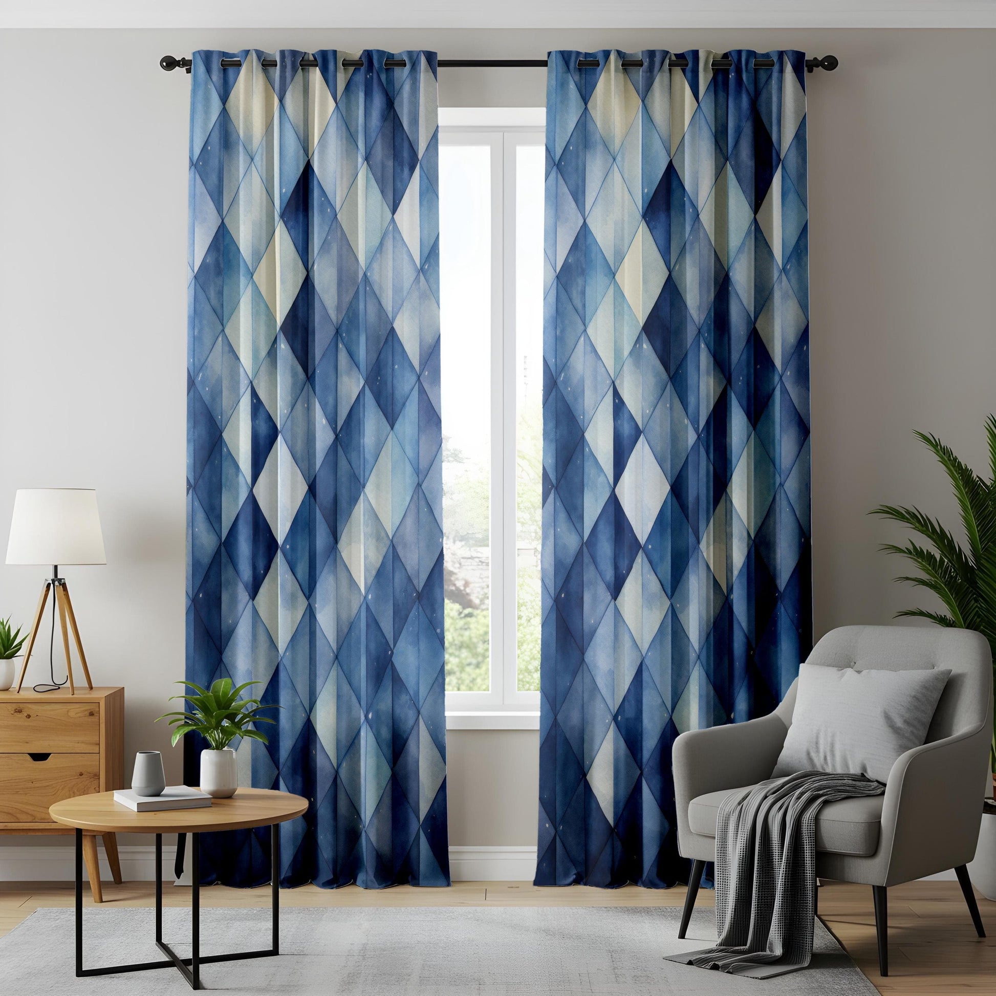 Onay Blue Geometric Curtains for Living Room, Contemporary Blue Patterned Drapes