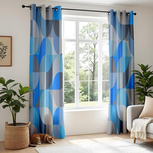 Onay Blue Geometric Curtains – Modern Half-Circle Pattern Drapes for Living Room Decor
