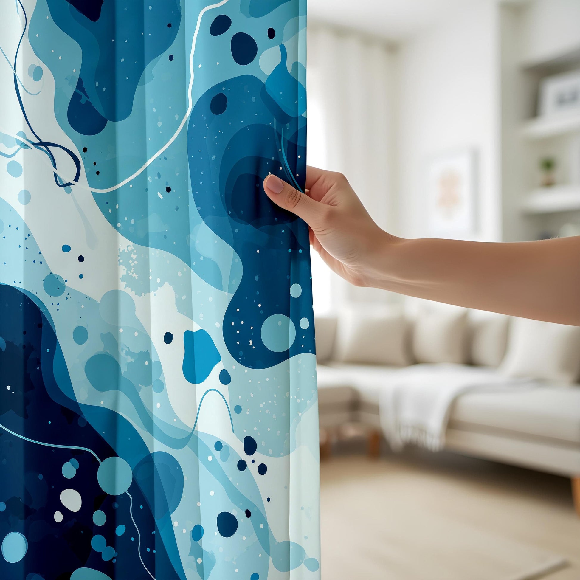 Onay Blue Watercolor Kitchen Curtains, Flowing Wave Design Drapes