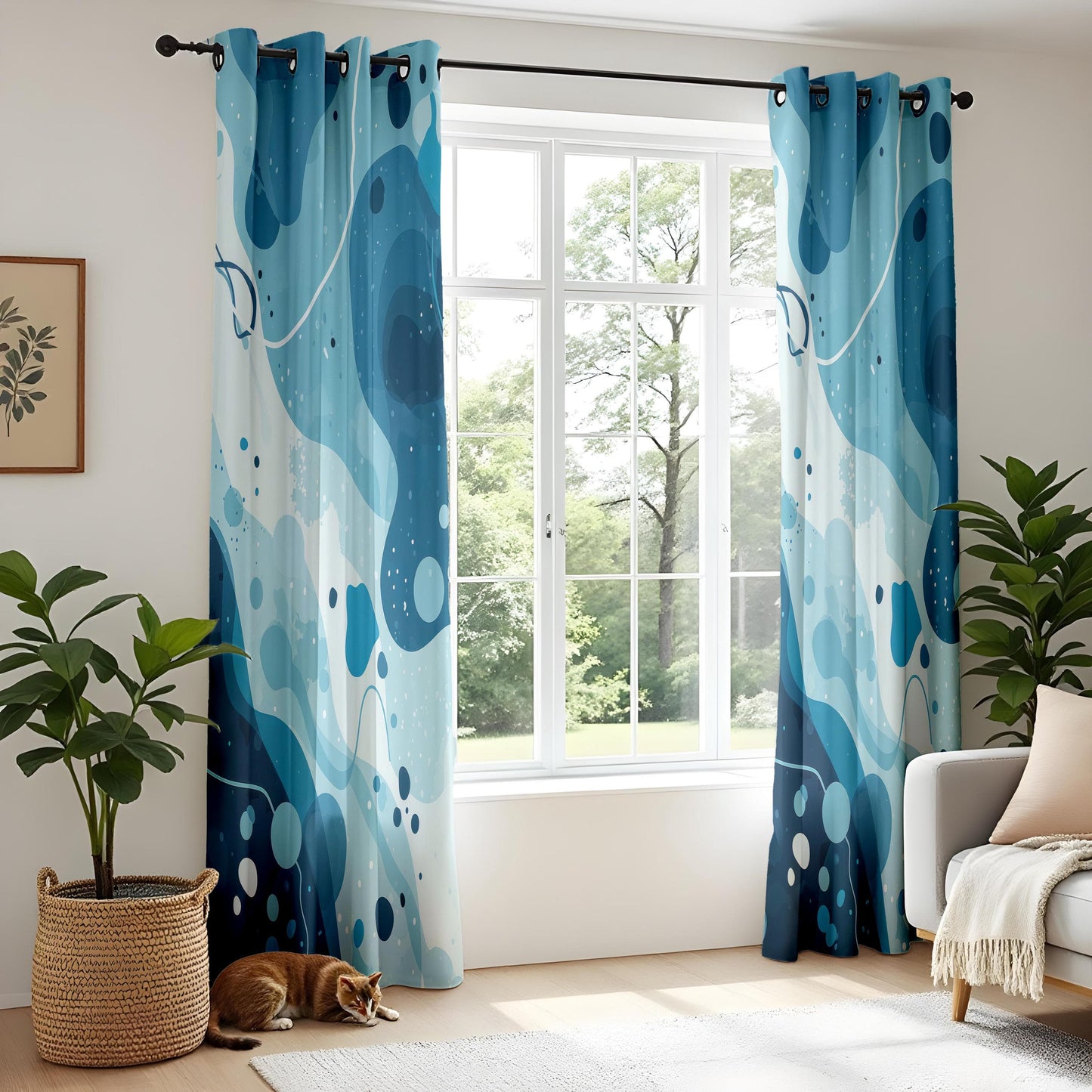 Onay Blue Watercolor Kitchen Curtains, Flowing Wave Design Drapes