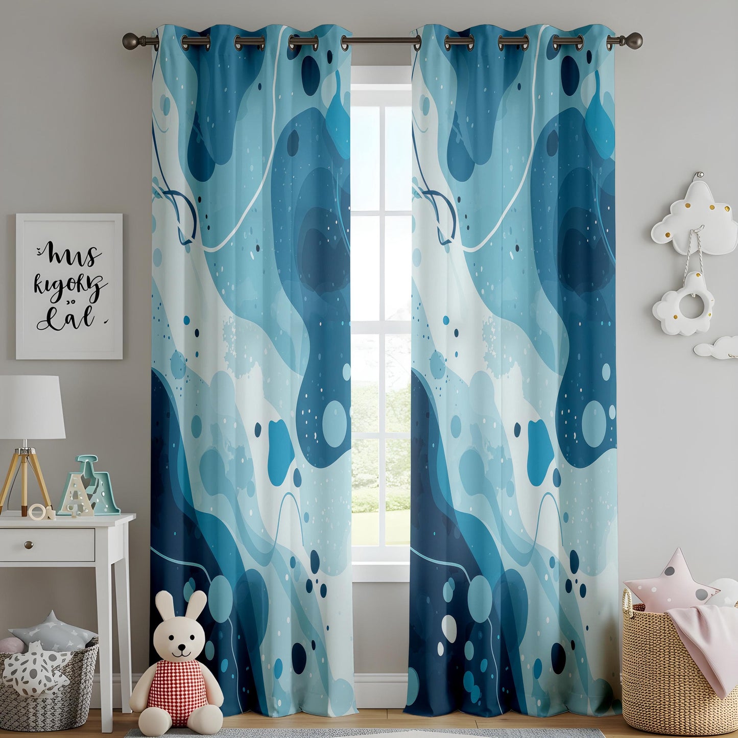 Onay Blue Watercolor Kitchen Curtains, Flowing Wave Design Drapes
