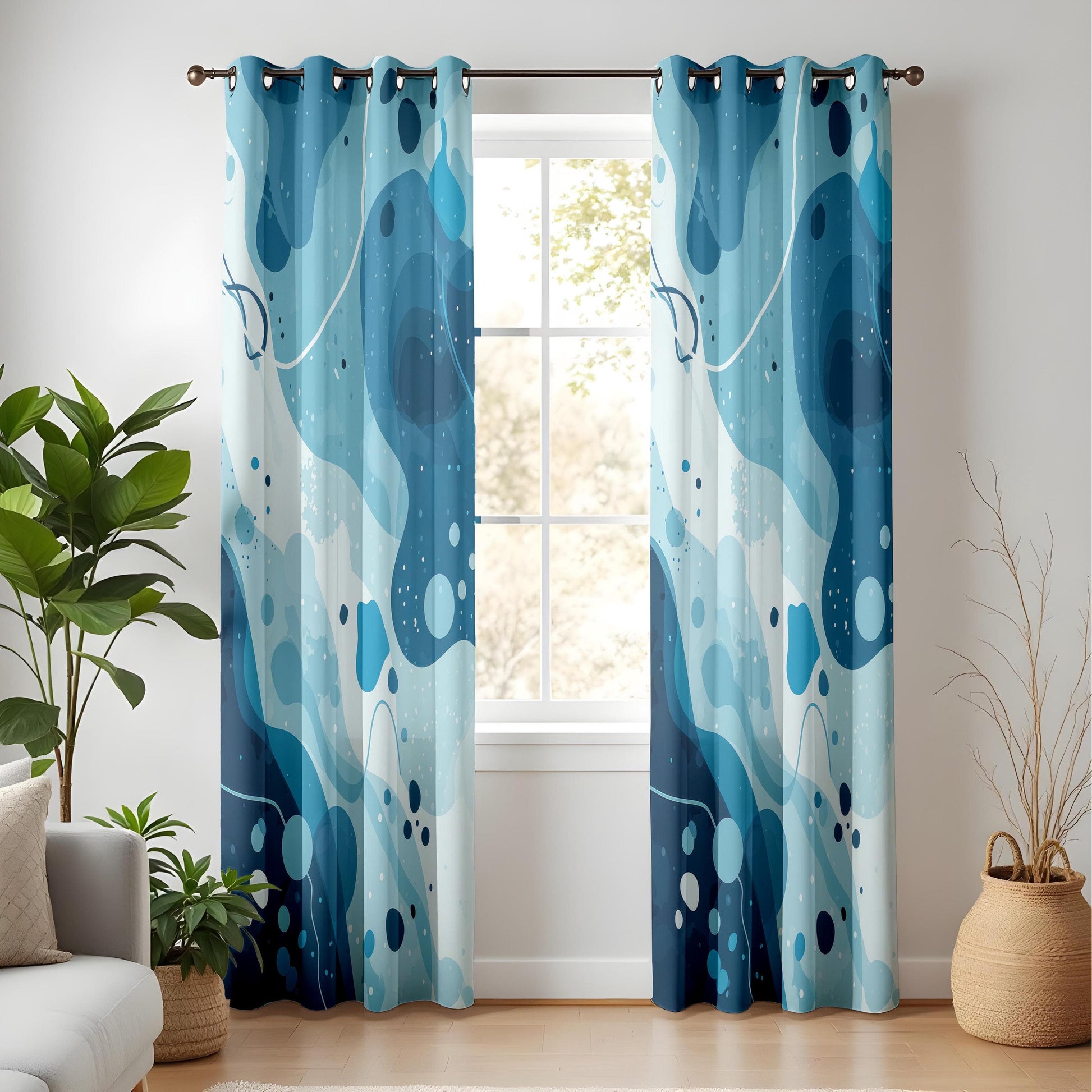 Onay Blue Watercolor Kitchen Curtains, Flowing Wave Design Drapes