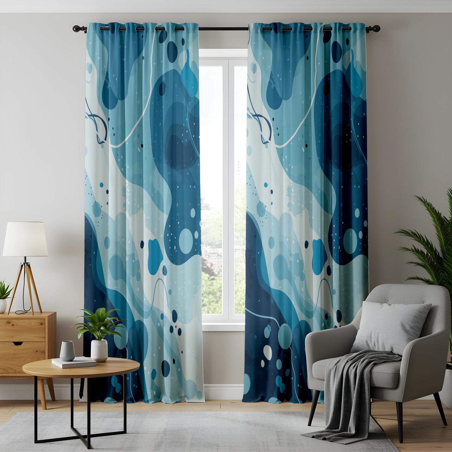 Onay Blue Watercolor Kitchen Curtains, Flowing Wave Design Drapes