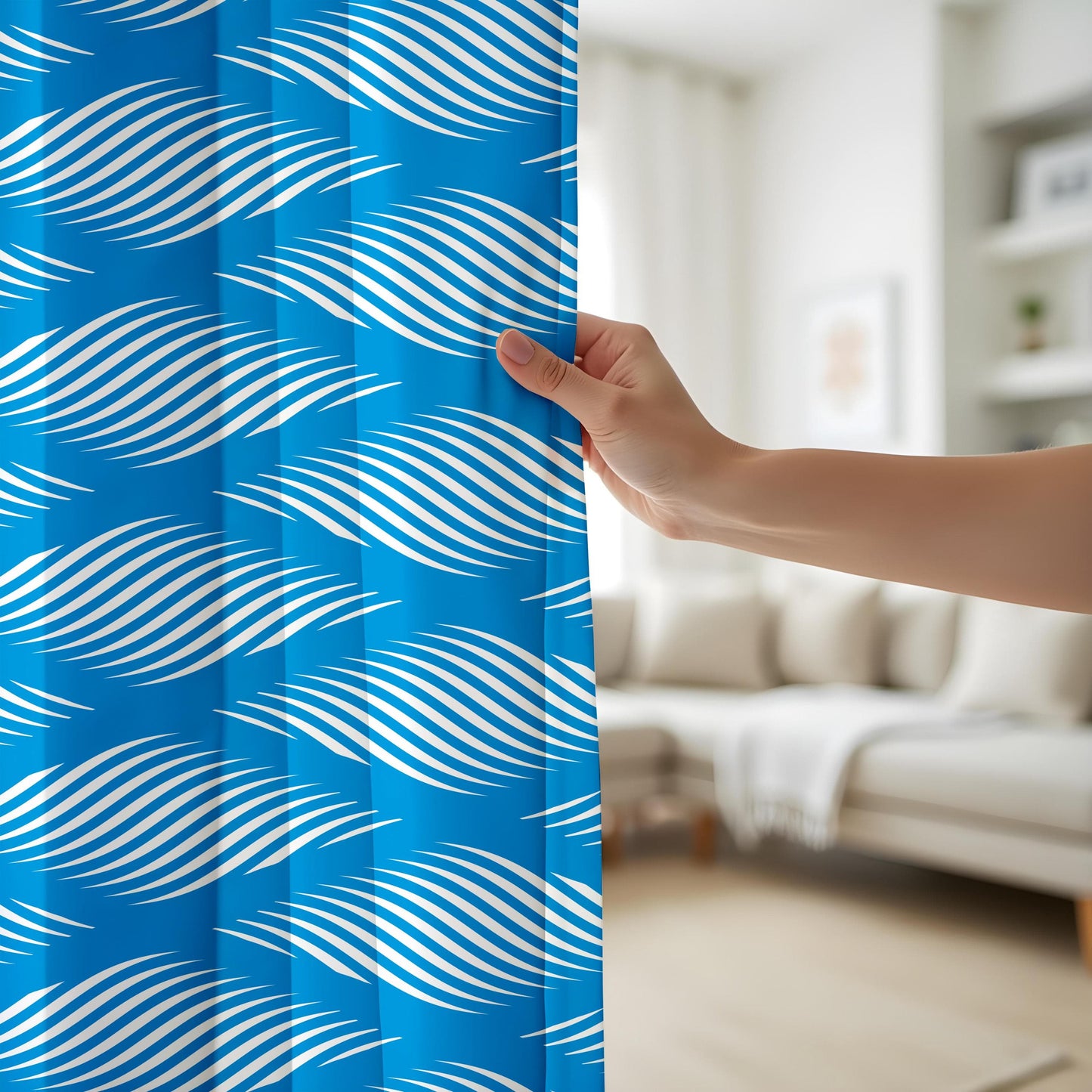 Onay Blue Wave Pattern Curtains – Abstract Striped Drapes for Modern Coastal Living Room