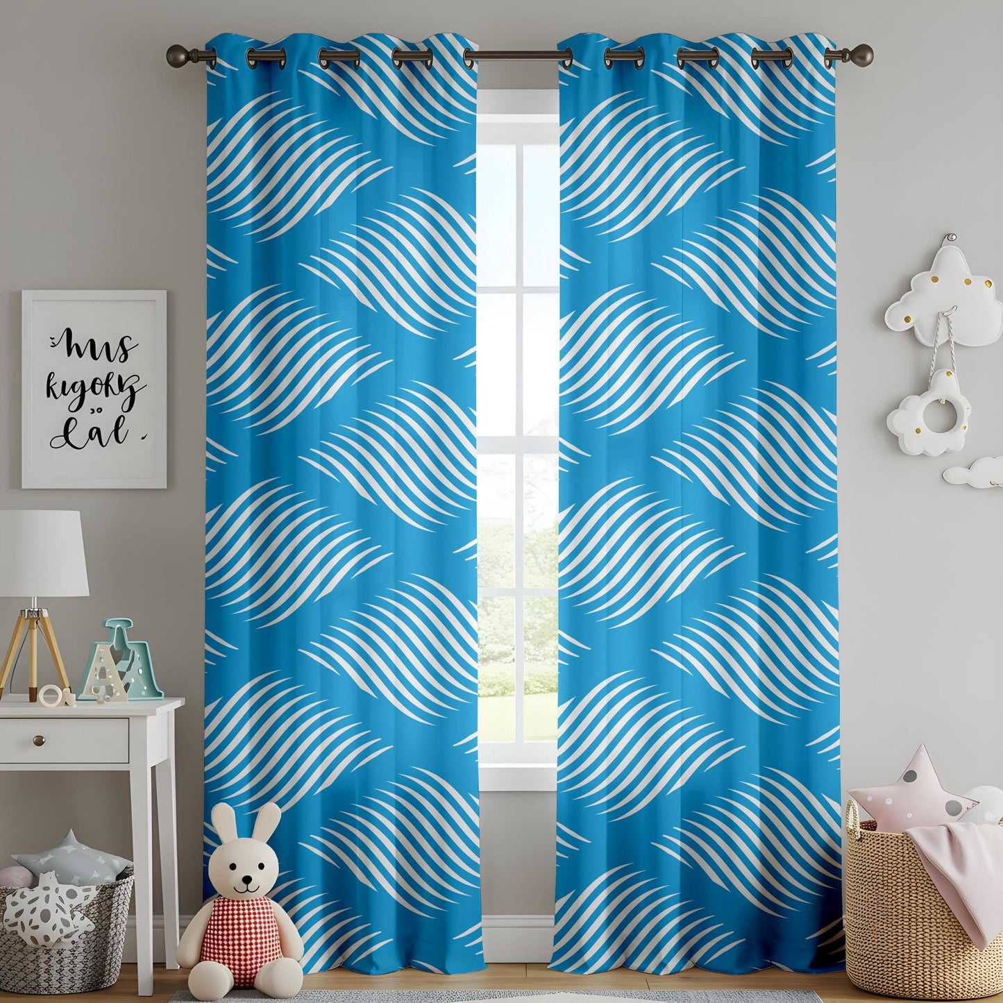 Onay Blue Wave Pattern Curtains – Abstract Striped Drapes for Modern Coastal Living Room
