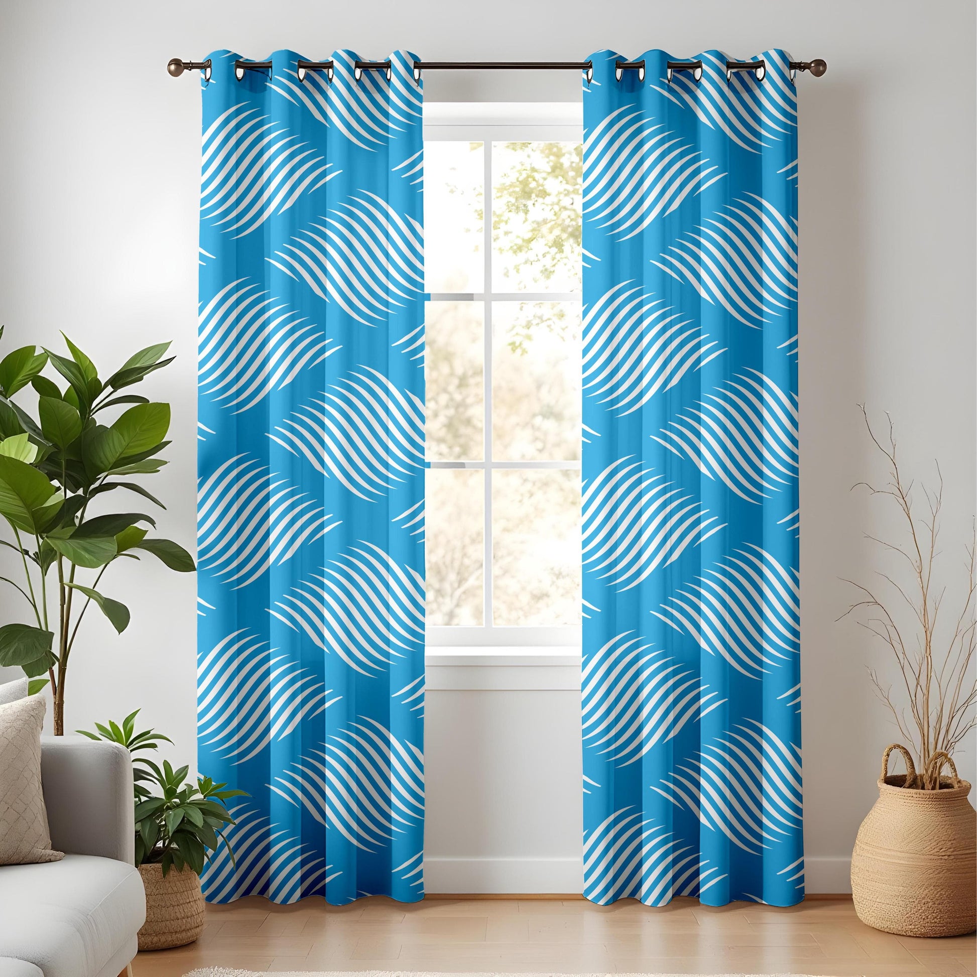 Onay Blue Wave Pattern Curtains – Abstract Striped Drapes for Modern Coastal Living Room