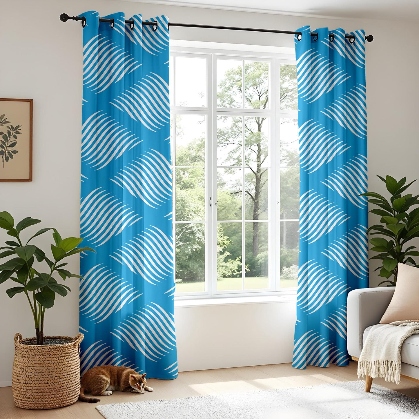 Onay Blue Wave Pattern Curtains – Abstract Striped Drapes for Modern Coastal Living Room