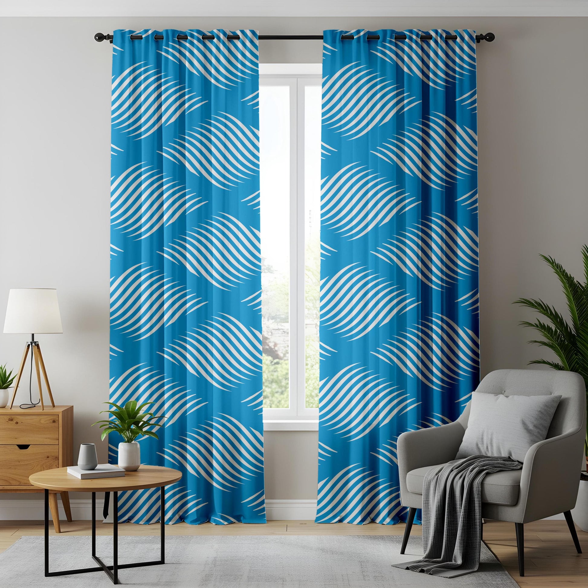 Onay Blue Wave Pattern Curtains – Abstract Striped Drapes for Modern Coastal Living Room