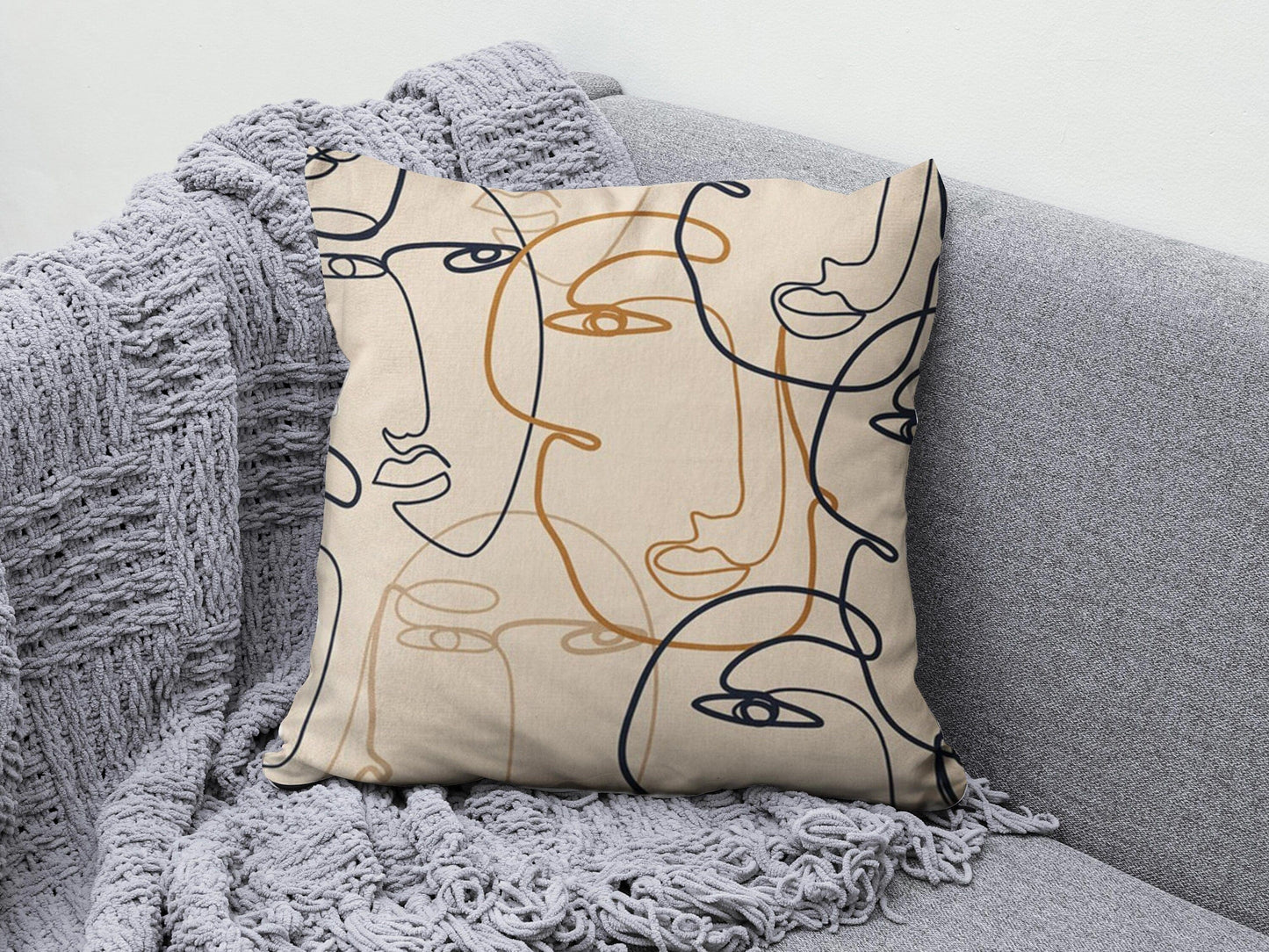 Onay 5 / 12 x 12 inch (30 x 30 cm) Double Side Bohem Style Cushion Cover Abstract Faces Throw Line Art Face Pillow Covers