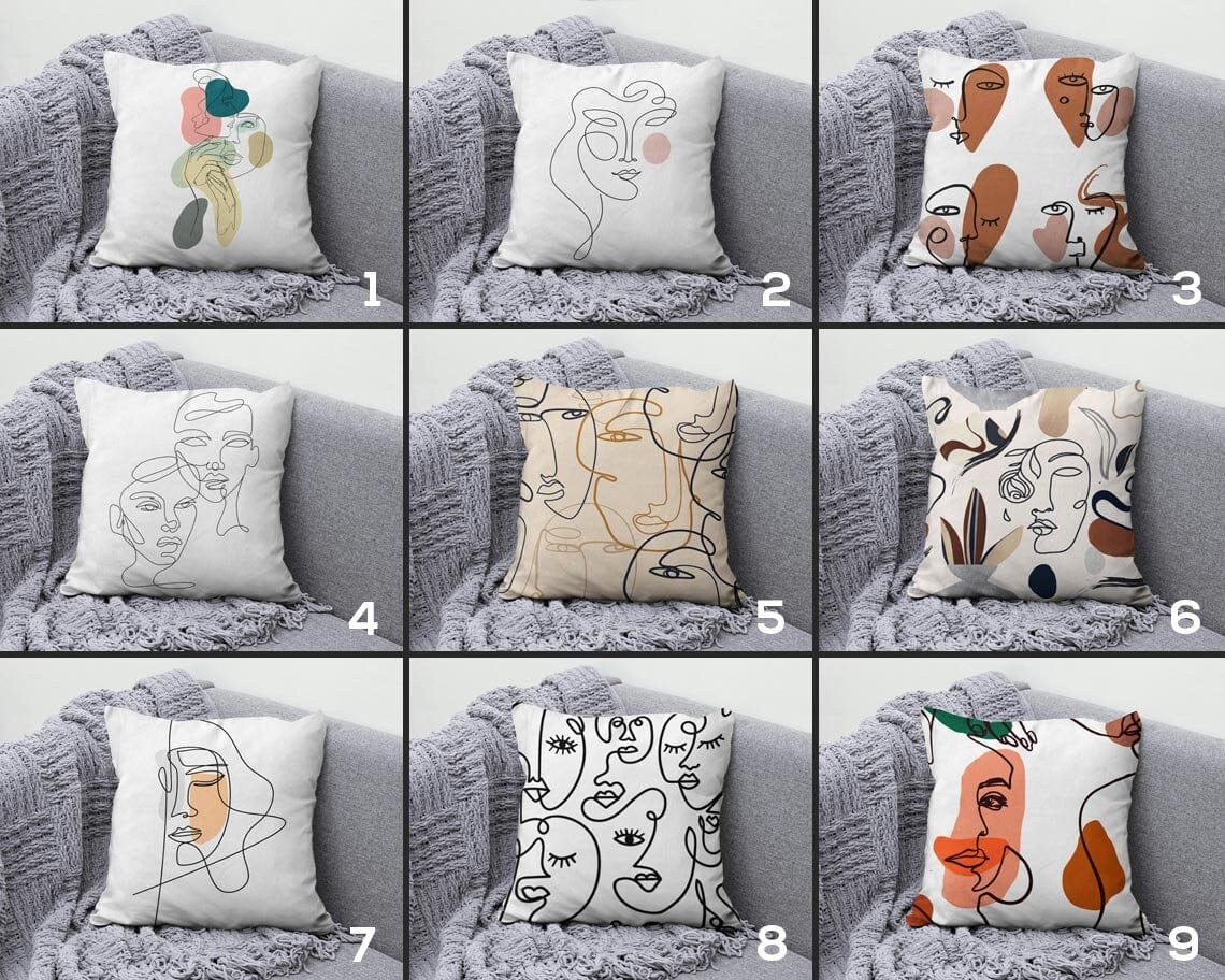 Onay Bohem Style Cushion Cover Abstract Faces Throw Line Art Face Pillow Covers