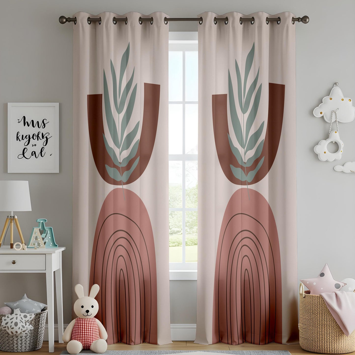 Onay Boho Abstract Arch Curtains – Earth Tone Geometric Drapes with Minimalist Leaf Design