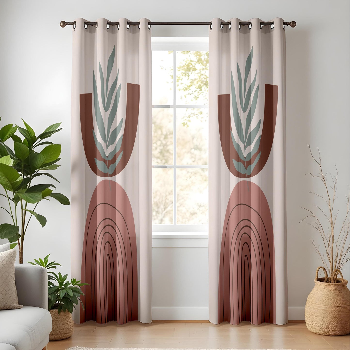 Onay Boho Abstract Arch Curtains – Earth Tone Geometric Drapes with Minimalist Leaf Design