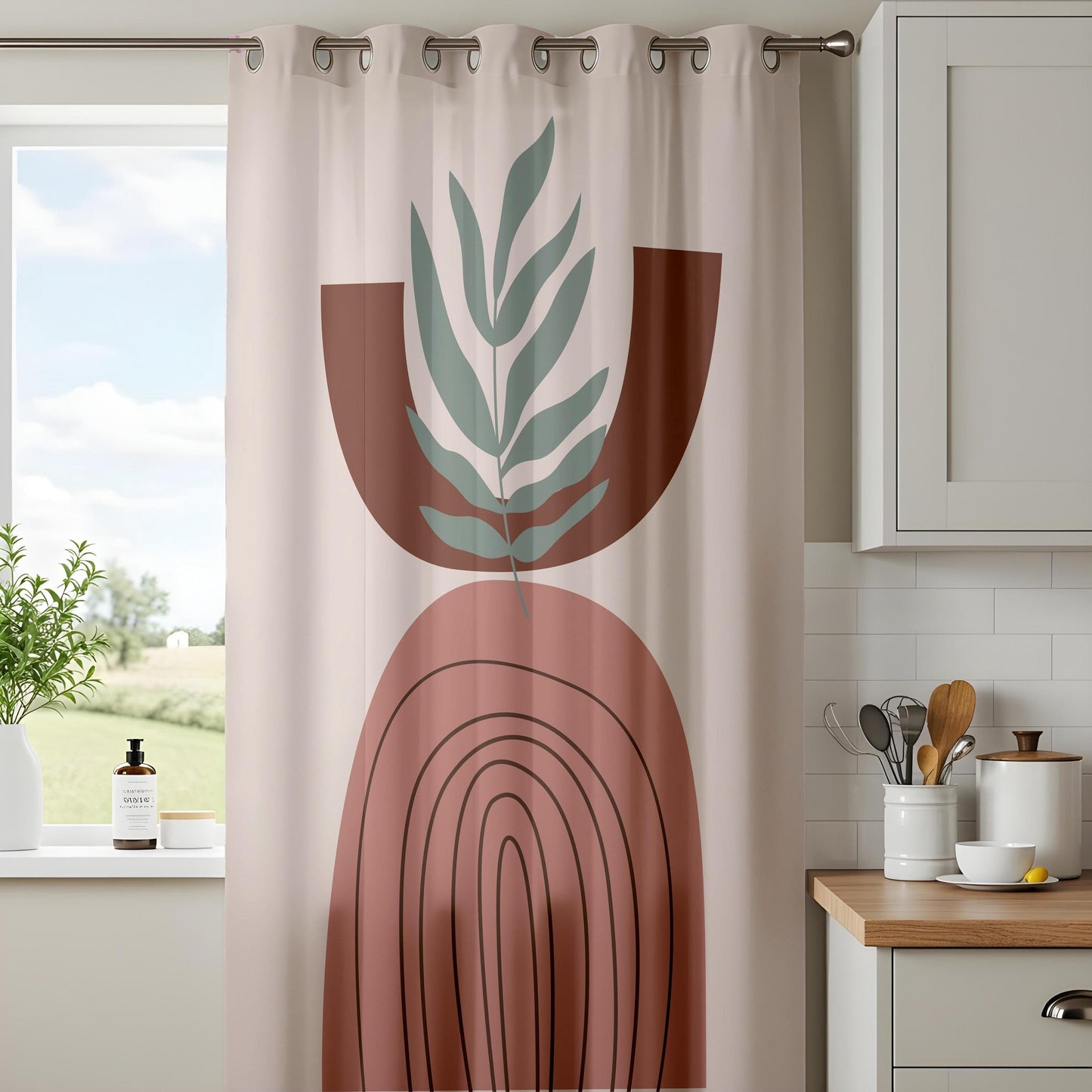 Onay Boho Abstract Arch Curtains – Earth Tone Geometric Drapes with Minimalist Leaf Design