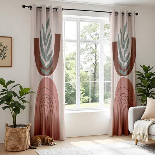 Onay Boho Abstract Arch Curtains – Earth Tone Geometric Drapes with Minimalist Leaf Design