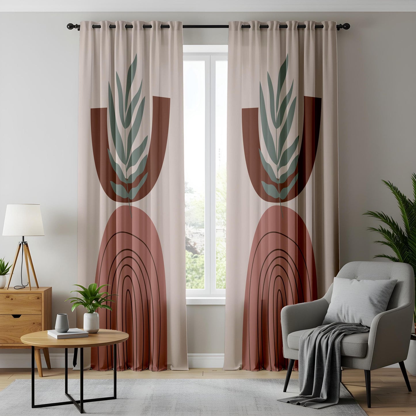 Onay Boho Abstract Arch Curtains – Earth Tone Geometric Drapes with Minimalist Leaf Design