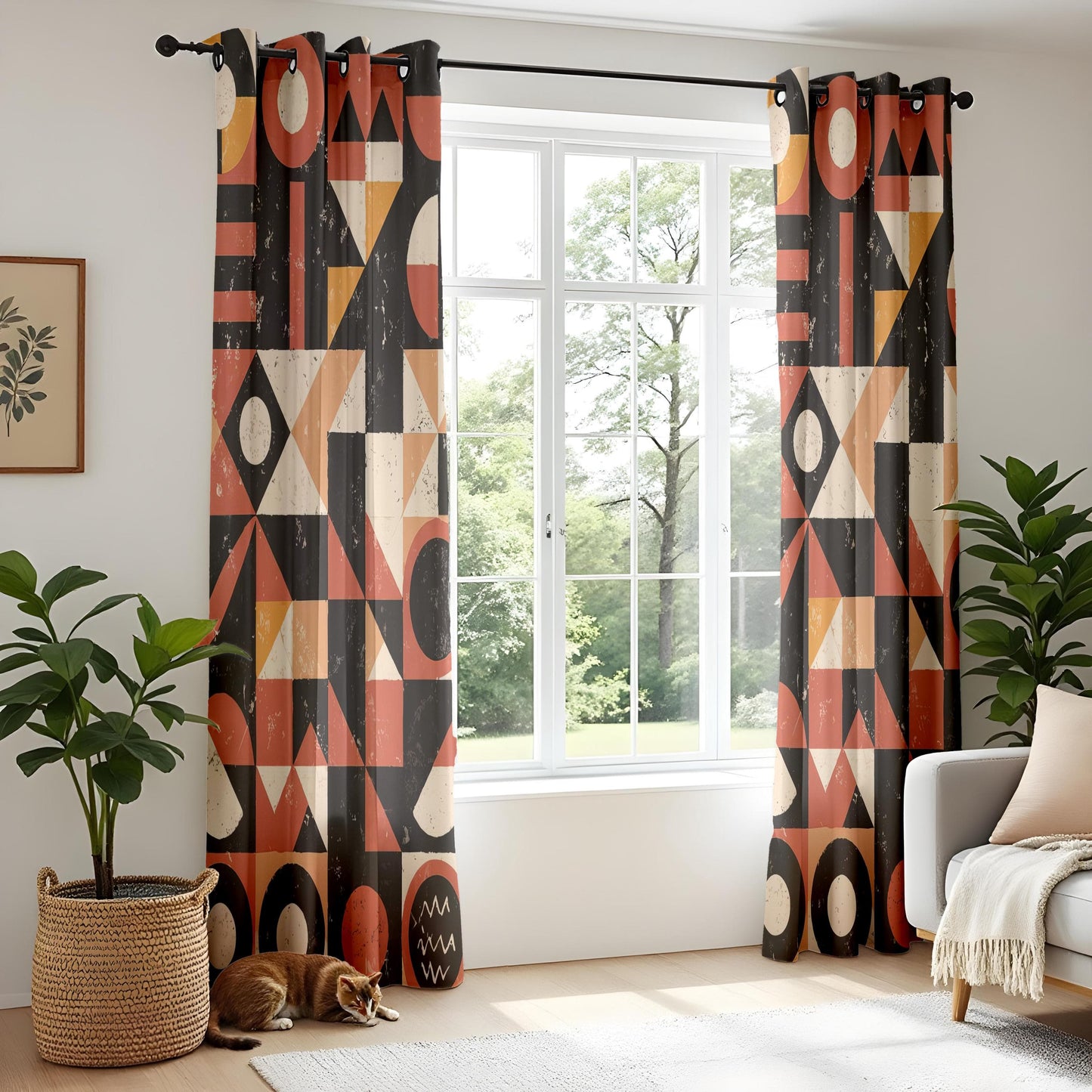 Onay Boho Abstract Drapes in Rust Orange & Black for Vintage Mid-Century Living Room Decor
