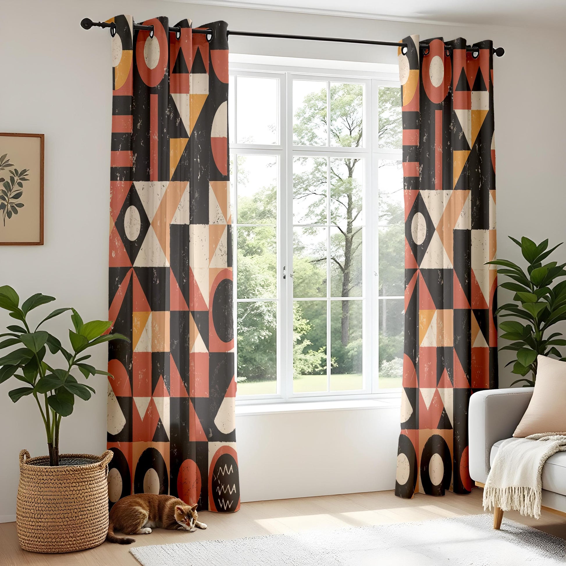 Onay Boho Abstract Drapes in Rust Orange & Black for Vintage Mid-Century Living Room Decor