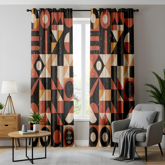 Onay Boho Abstract Drapes in Rust Orange & Black for Vintage Mid-Century Living Room Decor