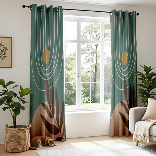 Onay Boho Abstract Leaf Blackout Curtains – Minimalist Green Drapes in Earthy Tones for Nature-Inspired Décor