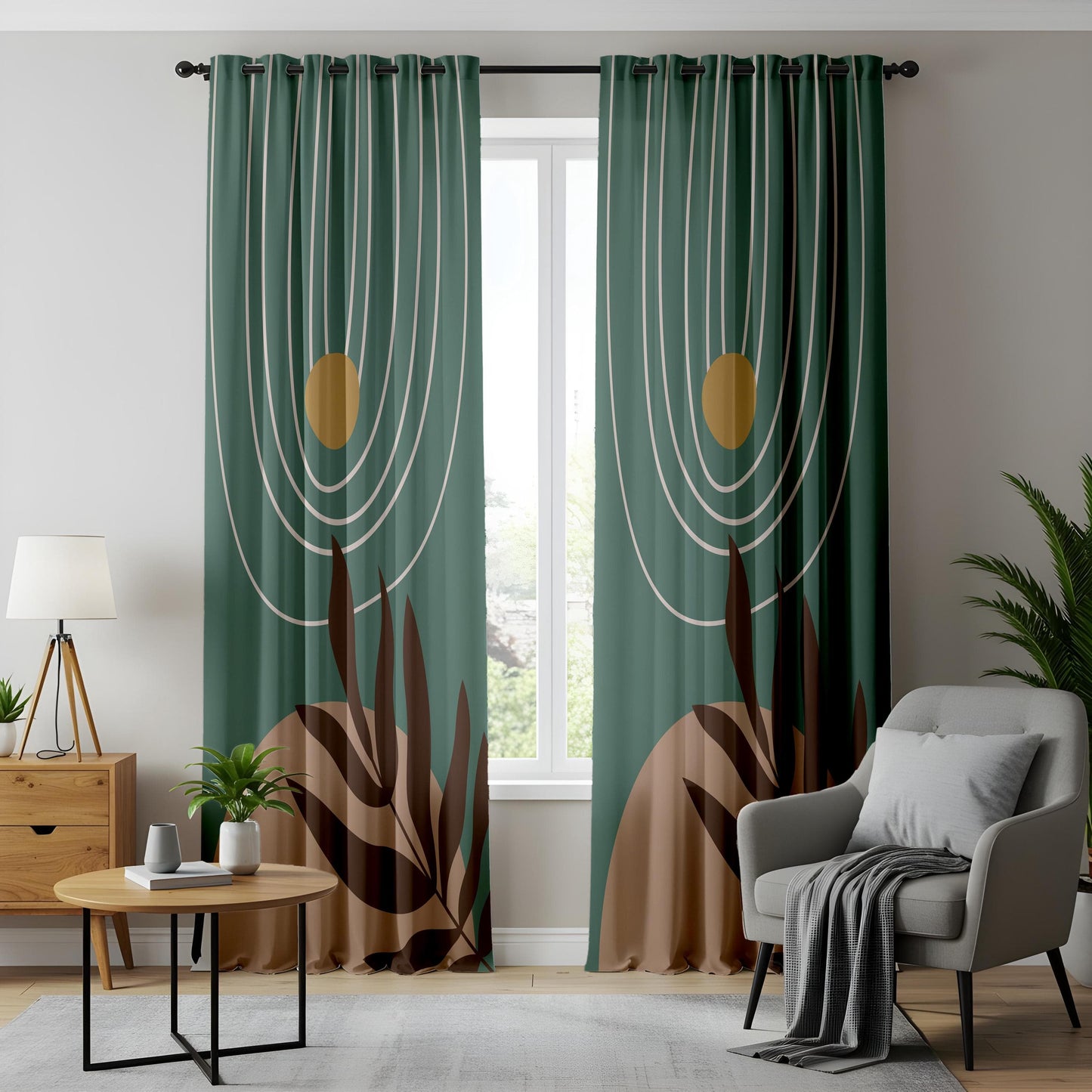 Onay Boho Abstract Leaf Blackout Curtains – Minimalist Green Drapes in Earthy Tones for Nature-Inspired Décor
