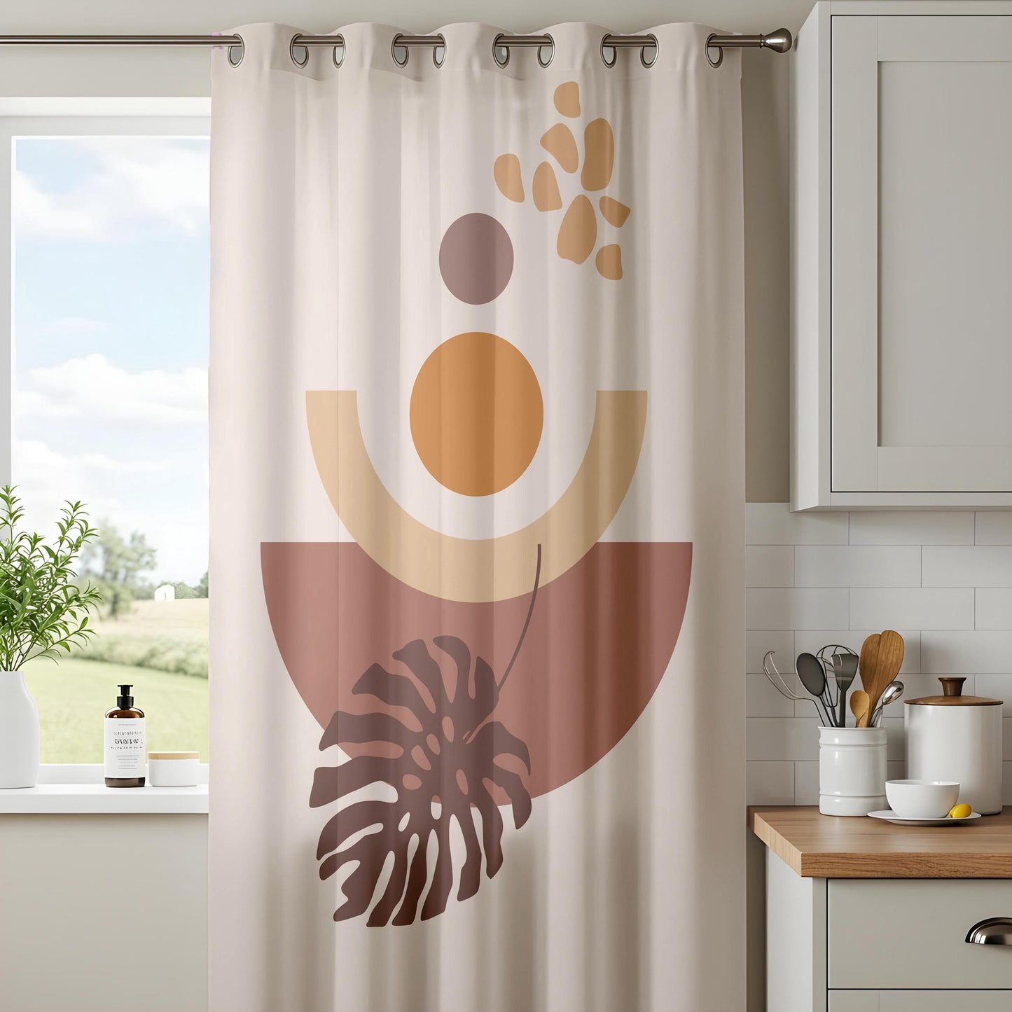 Onay Boho Abstract Leaf Curtains – Terracotta and Beige Drapes with Geometric Plant Print