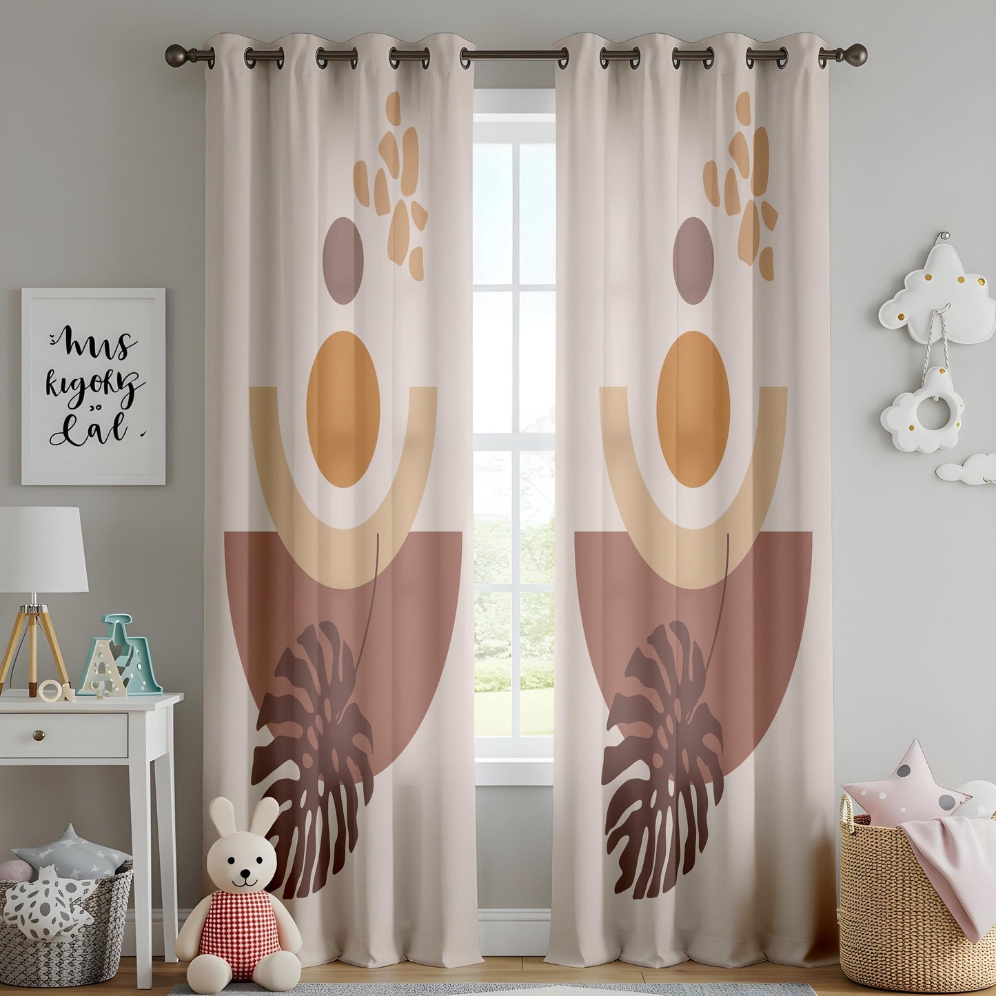 Onay Boho Abstract Leaf Curtains – Terracotta and Beige Drapes with Geometric Plant Print