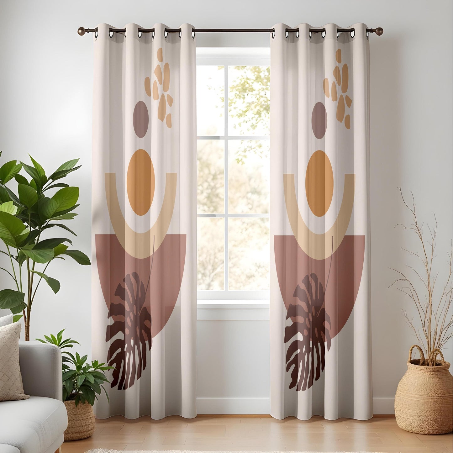 Onay Boho Abstract Leaf Curtains – Terracotta and Beige Drapes with Geometric Plant Print