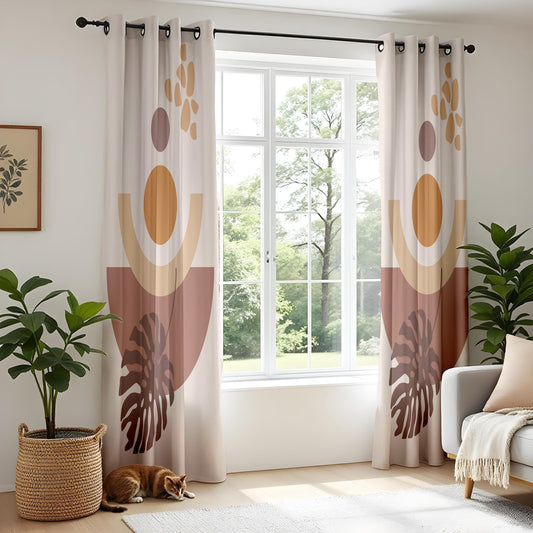 Onay Boho Abstract Leaf Curtains – Terracotta and Beige Drapes with Geometric Plant Print