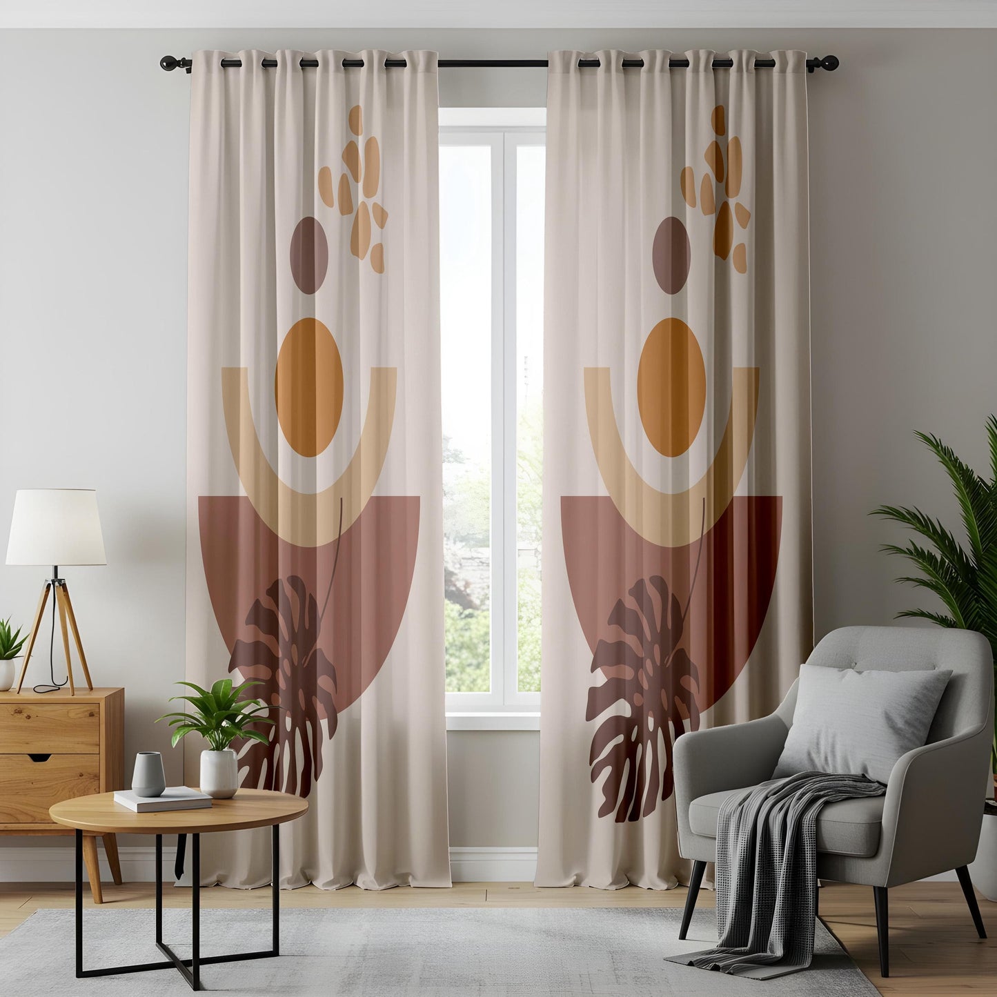 Onay Boho Abstract Leaf Curtains – Terracotta and Beige Drapes with Geometric Plant Print