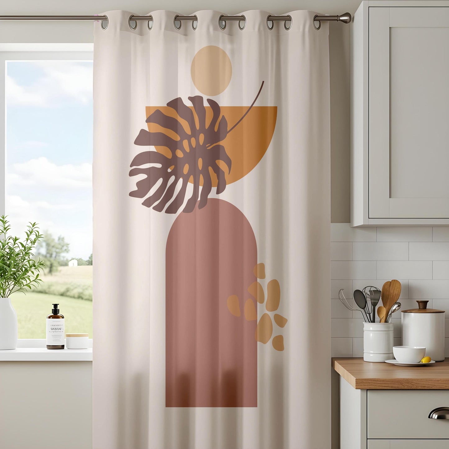 Onay Boho Abstract Monstera Curtains – Earth Tone Geometric Drapes